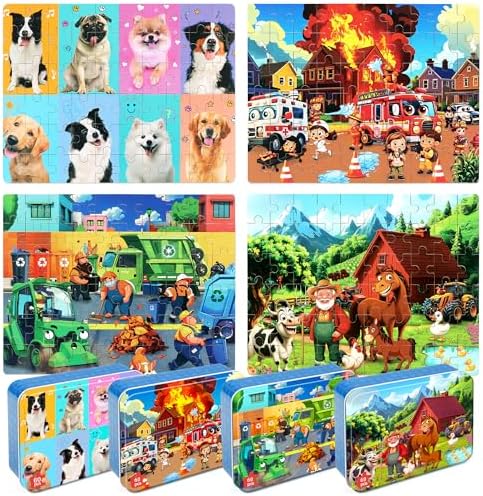 LELEMON Puzzles for Kids Ages 4-6,4-Pack Dogs Fire Fighting Garbage Truck Farm 60 Piece Puzzles for Kids Ages 4-8 in a Metal Box,Educational Jigsaw Puzzles Puzzle Games Puzzle Toys for Girls and Boys by LELEMON