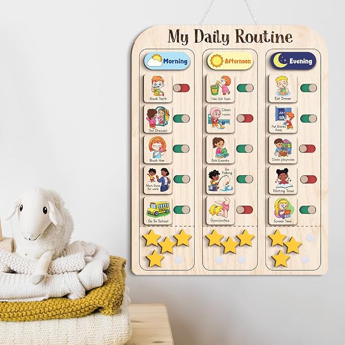 My Daily Routine Chart for Kids 11x14 Inch – Wooden Chore Chart with Morning Afternoon Evening Sections, Visual Schedule Board with Sliding Trackers & Star Reward System for Toddlers - Image 3