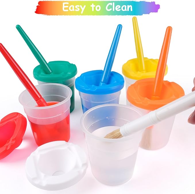 Mkobon 10 PCS No Spill Paint Cups with Colored Lids and Brushes for Kids, Spill Proof Paint Brush Cleaner Cup, Toddler Water Cups for Painting, Arts and Crafts Supplies, for Acrylic Paint, Watercolor