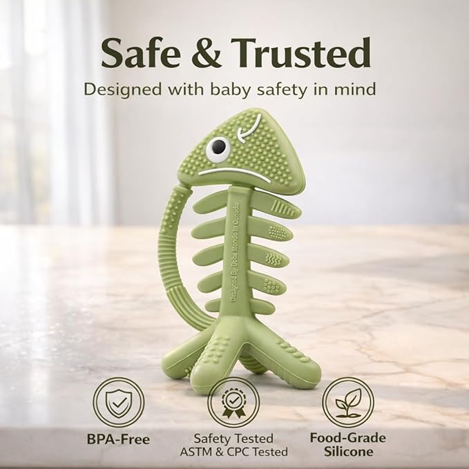 3 in 1 Infant Toys, Baby Teething Toys 3–6 6–12 Months, Teethers for Babies 0–3–6–12 Months for Teething Relief, Baby Gift, Baby Teether Toys, Silicone Sensory Toys, USA Patent Pending, Fish (Olive)