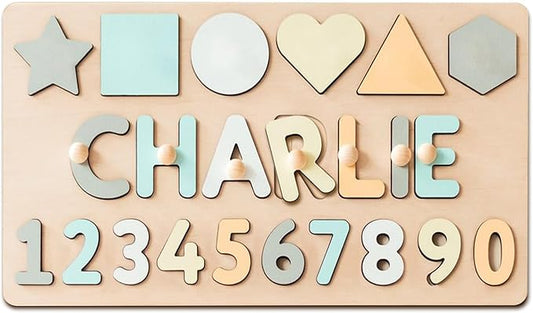 Name Puzzle for Kids Personalized Baby Gifts Wooden Toys Puzzles for Toddlers 1-3 Shapes Number Puzzle Educational Learning Toys Customized for Boys Girls First Birthday