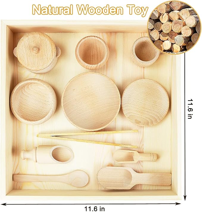 Montessori Sensory Bin Tools: 1 Wooden Box + 11 Sensory Tools for Toddlers & Preschool Children - Fine Motor Learning Pretend Play - Image 4