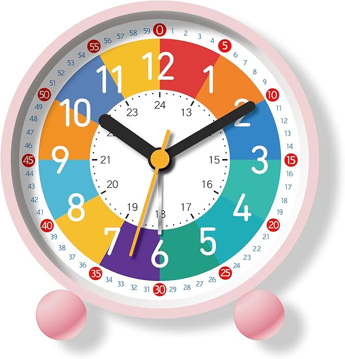 Analog Alarm Clock for Kids Learn to Tell Time with Colorful Dial, Silent Clock Movement, Battery Operated with Back-Light, for Kids,Teens and Nice Bedroom Decor (Pink) by TKCHAX