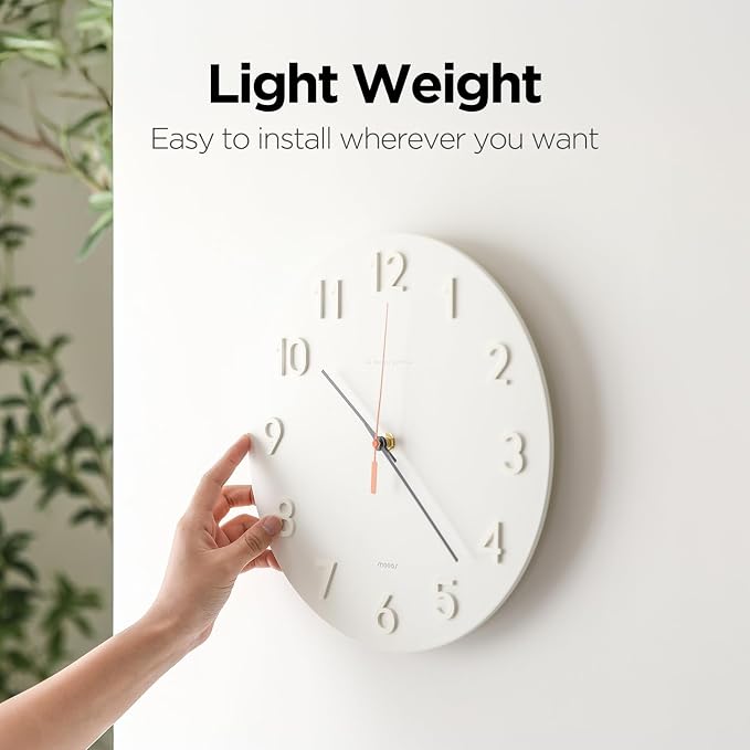 mooas 3D Numbers Modern Wall Clock, 12" Battery Operated, Analog (Cream) - Image 5
