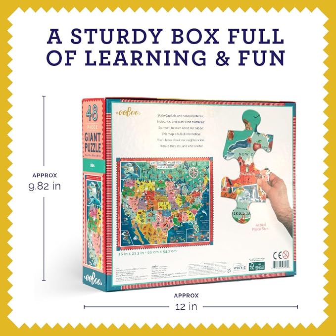 eeBoo USA MAP 48 Giant Piece Children's Puzzle, 26" x 21" - Image 6