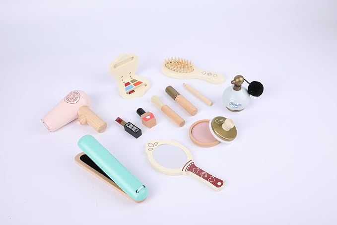 Practical Life Care of Self Wooden Makeup Toy Set 12-Piece Girls Imaginative Dress up Pretend Play Beauty Bag Makeup Set Toy for Girls Birthday Gift Ages 3 4 5 6 7 8+ Years Old - Image 5