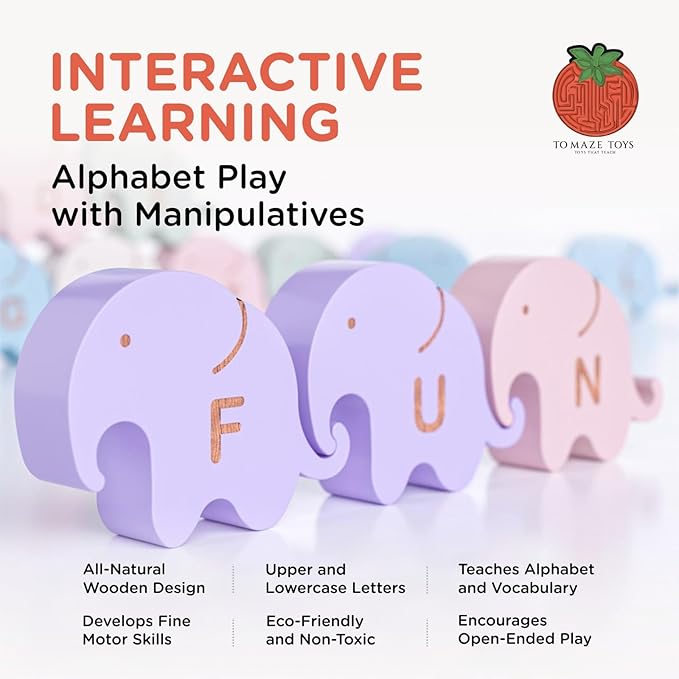 Montessori Natural Wooden Alphabet Elephants - 26-Piece Snap-Together ABC Learning Toy with Upper & Lowercase Letters - Educational Fine Motor Skills & Vocabulary Building for Toddlers & Kids Ages 3+
