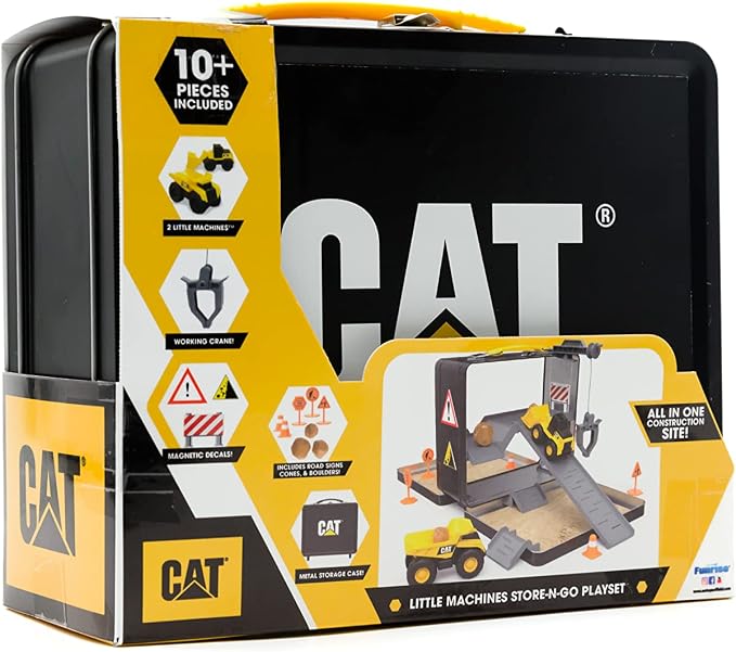 CAT Construction Toys, Store N Go Playset - Tin Travel Case Transforms into Multi-Level Worksite, Includes 2 Little Machines Vehicles & 10 + Accessories, Portable STEM Toy for Kids Ages 3 + - Image 6
