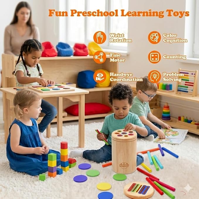 Montessori Color Sorting Toy for Toddlers - 3-in-1 Wooden Fine Motor Set with 3 Interchangeable Lids, Sticks & Discs - Beechwood, Non-Toxic, Ages 18 Months to 4 Years - Gift-Ready Window Box - Image 2