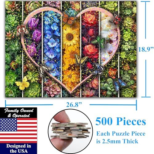 Think2Master Colorful Flowers Succulents & Butterflies 500 Pieces Very Large Pieces Jigsaw Puzzle for 13+ Adults & Seniors. Beautiful Vibrant Heart Valentine's Day Illustration 26.8” X 18.9” - Image 6