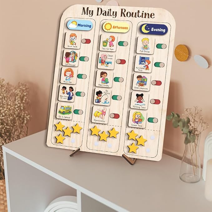 My Daily Routine Chart for Kids 11x14 Inch – Wooden Chore Chart with Morning Afternoon Evening Sections, Visual Schedule Board with Sliding Trackers & Star Reward System for Toddlers - Image 6