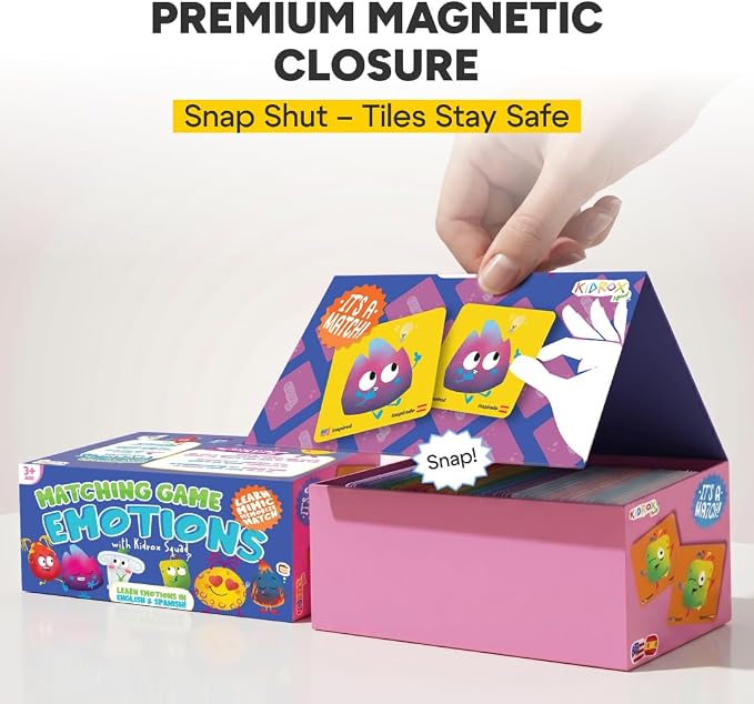 Kidrox Emotions Matching Game – Bilingual Memory Card Game in English & Spanish for Kids Ages 3+ | Learn & Mimic Emotions with Kidrox Squad | Premium Magnetic Box | 40 Tiles - Image 2