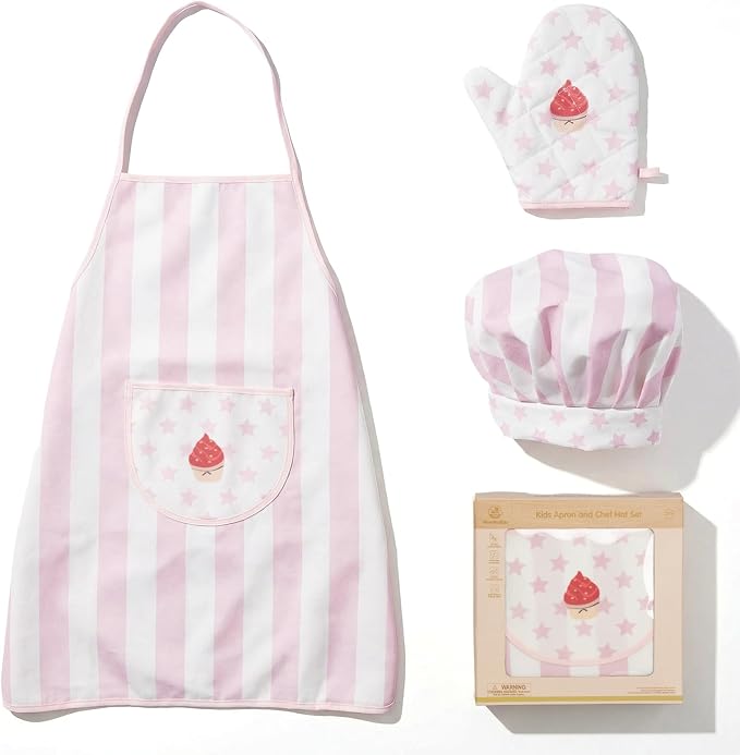 Kid Apron and Chef Hat Set, 3Pcs Children Cooking Baking Set Kits by WoodenEdu