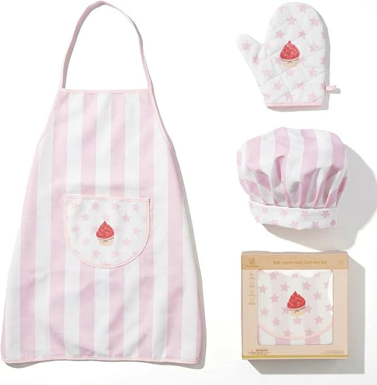 Kid Apron and Chef Hat Set, 3Pcs Children Cooking Baking Set Kits by WoodenEdu