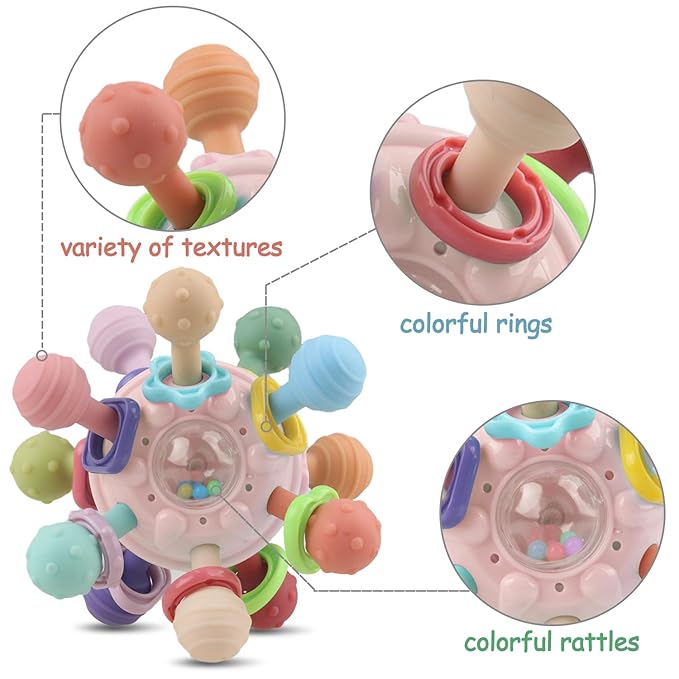 Baby Sensory Montessori Toy - Infant Teething Relief - Teethers for Newborn - Developmental Rattles Chew Toys Gifts for 0 3 6 9 12 18 Months Girl Boy -Toddler Travel Toy for 1 2 One Year Old (Pink)