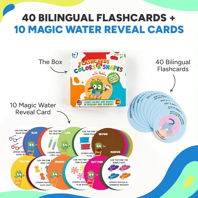 Kidrox Colors & Shapes Flashcards for Toddlers - Learn Colors & Shapes in English & Spanish | 40 Double-Sided Cards + 10 Magic Water Reveal Cards | Bilingual Educational Game for Kids Ages 3+ - Image 5