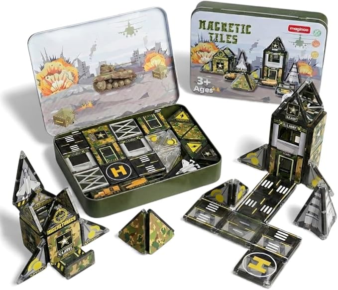 42PCS Mini Magnetic Tiles Army Base Travel Set with Iron Box by Maginoo