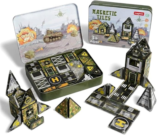 42PCS Mini Magnetic Tiles Army Base Travel Set with Iron Box by Maginoo