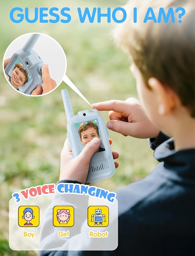 Walkie Talkie for Kids with Video: 2 Pack Rechargeable Toddler Toys with HD Camera & Voice Changer, Long Range Gift Toys for Boy & Girl Age 3-8 for Outdoor Play, Camping (Blue-Blue)