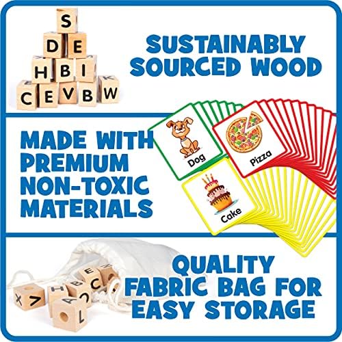 Wooden Reading Blocks - Spin, Spell & Match Words - 16 Alphabet ABC Blocks & 50 Cards with Images - Montessori Learning Reading Games Toy for Toddlers & Kids - Image 6