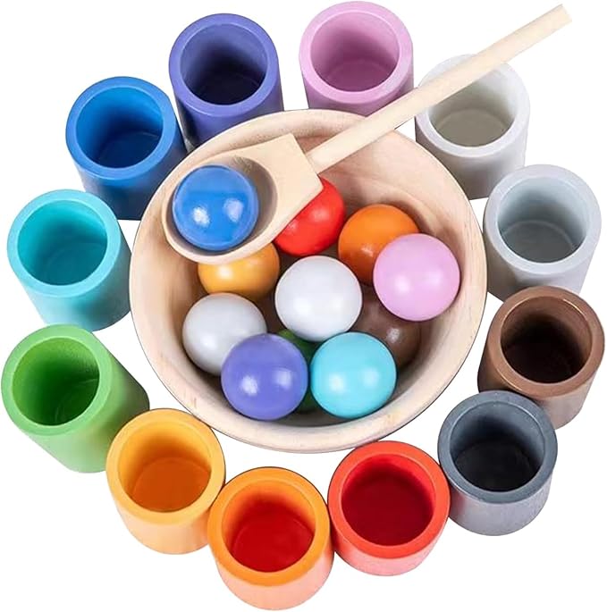 WOODENFUN Rainbow Balls in Cups Toddler Montessori Toys for 3 Year Old Up by WOODENFUN