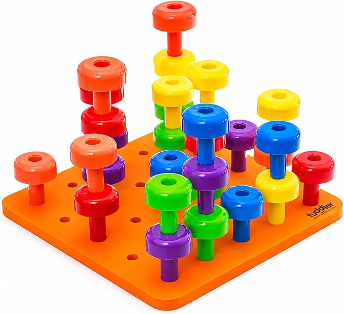 Toddler Peg Board Sensory Montessori Fine Motor Skills Educational Toys - 30 Stackable Pegs + Pattern Card + Drawstring Backpack + E-Book (Orange) - Image 2