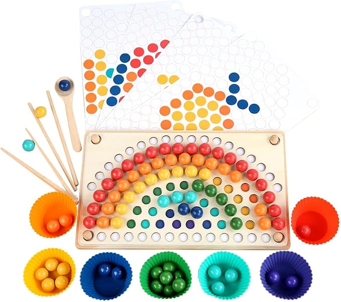 Practical Life Skill Sponging Chopsticks Tonging Job/Work, Wooden Pegboard Beads Color Matching Game Toy, Rainbow Toy Montessori Primary Classroom, Boys and Girls Gift 3 Years & up by EduLandMontessori