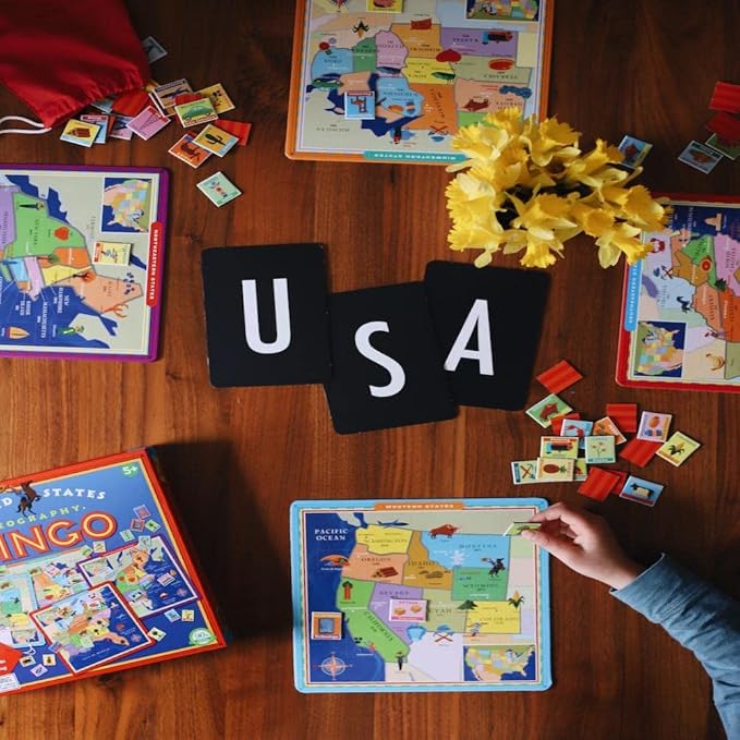 eeBoo: United States Geography Bingo Game, for 2 to 6 Players, Includes 6 Game Cards, 84 Playing Cards, & Drawstring Bag, for Ages 5 and up - Image 7