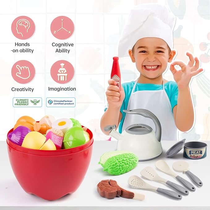 100Pcs Kitchen Playset, Kids Pretend Cooking Play Pots, Pans, Utensils, Cookware, Toy Food Fruits Veggies, with 2 Large Apple - Shaped Storage, Toddler Cooking Learning Gift (White) - Image 8