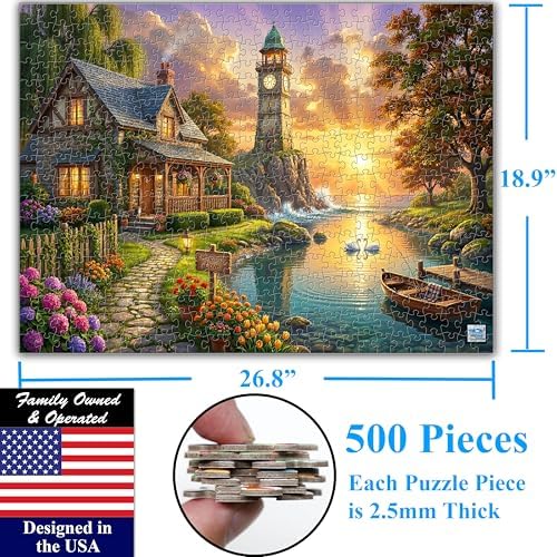 Think2Master Sunset Cove 500 Pieces Large Format Jigsaw Puzzle: 13+, Teens, Adults & Families. Vibrant Natural Landscape Painting with a Stone Cottage, Lighthouse, Golden Sunset. Size: 26.8” X 18.9” - Image 6