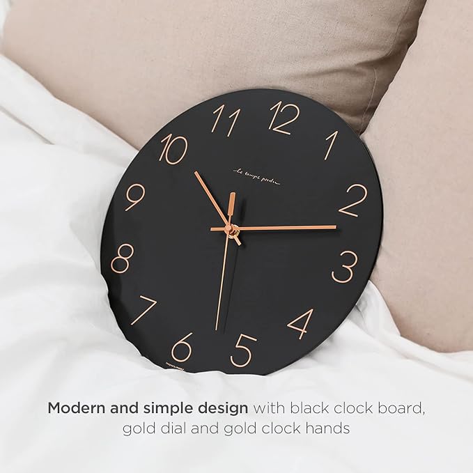 mooas Flatwood Wall Clock (Black),12" Non-Ticking Sweep Movement - Image 2