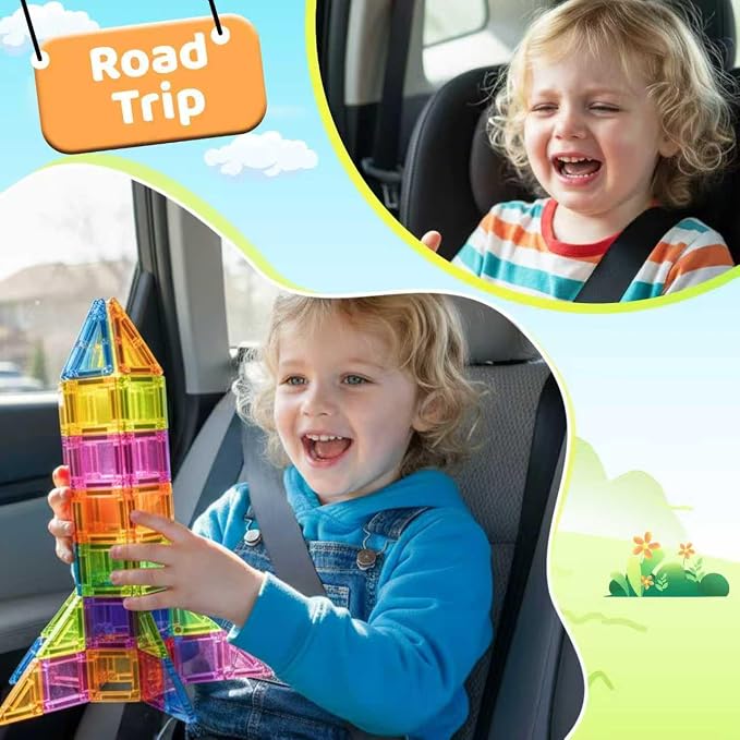 Mini Magnetic Tiles,78PCS Travel Magnetic Tiles Set with Iron Box,Portable Building Blocks for Kids Ages 3+,Car Airplane Travel Essentials Kids Toy,Creative STEM Toys Birthday Gift for Boys & Girls - Image 2