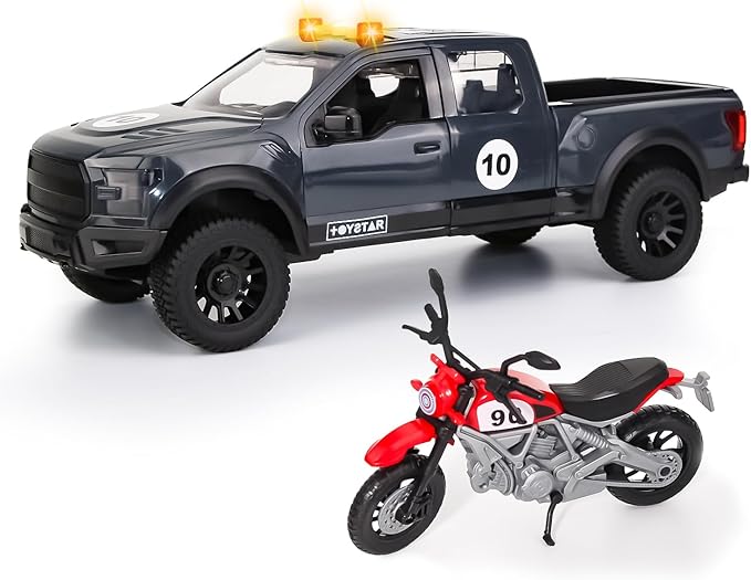 Pickup Truck Toy with Motorcycle, Featuring Lights and Sound Effects,Toy Car with Opening Doors, Toy Cars Gifts for 3+ Year Old Kids(Grey Pickup)
