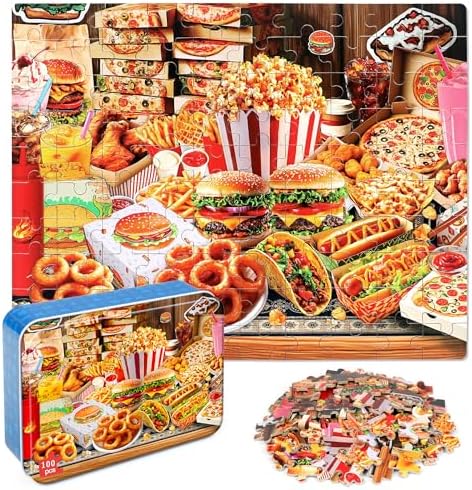 LELEMON Puzzles for Kids Ages 4-6,Hamburger Foods 100 Piece Puzzles for Kids Ages 4-8 in a Metal Box, Educational Jigsaw Puzzles 100 Piece Puzzle Games Puzzle Toys for Girls and Boys by LELEMON