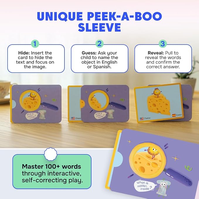 Kidrox 100 First Words Flash Cards for Toddlers, English with Spanish Learning Cards, Preschool Vocabulary & Speech Development Toy with Peek-a-Boo Sleeve for Memory Enhancement & Pattern Recognition - Image 7
