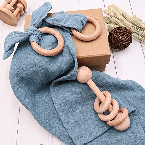TANOFAR Muslin Baby Lovey Blanket, Wood Rattle, 3 Pack Montessori Gift, Navy Blue, Cotton, Double Gauze, Baby Shower, Gender Neutral Gift - Image 5