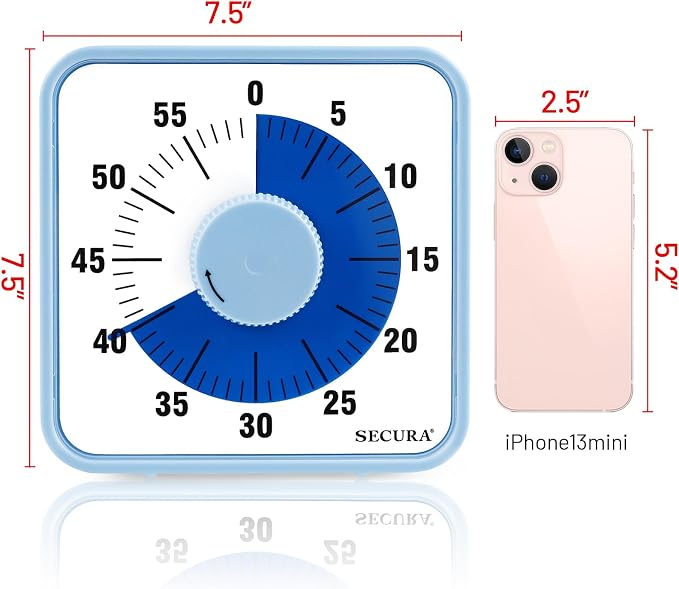 Secura 60-Minute Visual Countdown Timer, 7.5-Inch Oversize Classroom Visual Timer for Kids and Adults, Durable Mechanical Kitchen Timer Clock with Magnetic Backing (Navy Blue) - Image 7