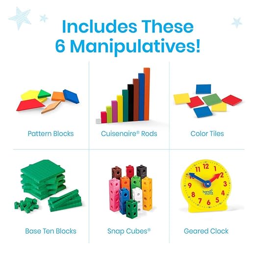 hand2mind-93538 Take Home Math Manipulatives Kit for Kids Grade K-2, with Snap Cubes, Base Ten Blocks, Cuisenaire Rods, Pattern Blocks, Color Tiles and Learning Clock, Homeschool Supplies (292 Pieces) - Image 3