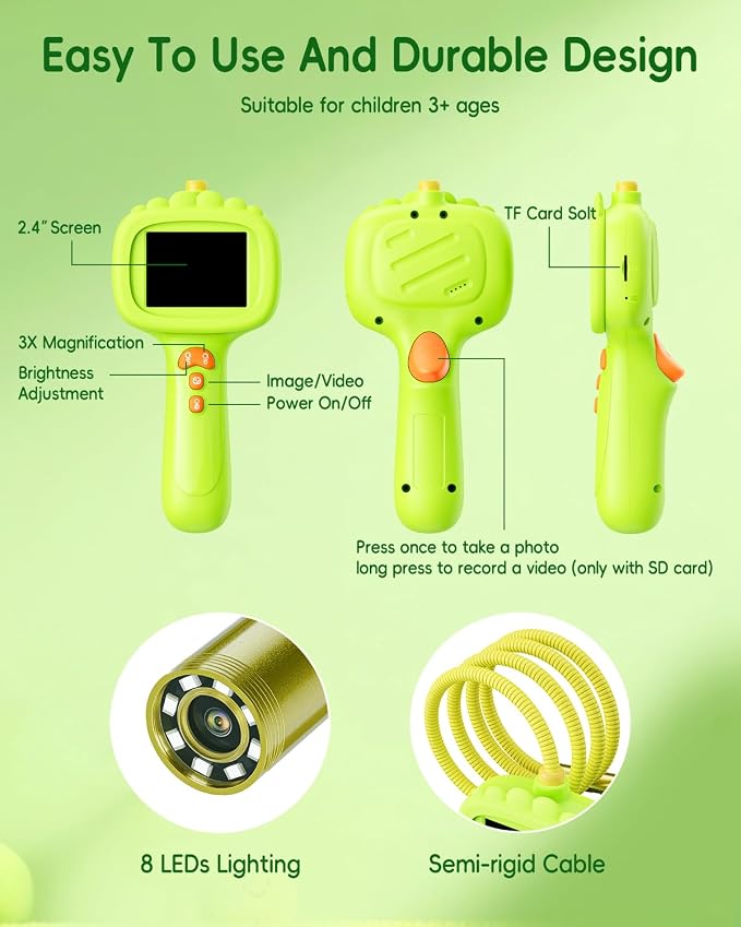 Borescope Camera with Light for Kids, Ashfly STEM Science Educational Toy for 3 4 5 6 7 8 Years Old Boys & Girls, 2.4" Screen Snake Scope Camera for Birthday Outdoor Camping Nature Exploration-Green - Image 3