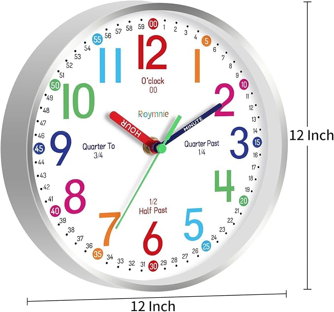 Roymnie Wall Clock 12" for Kids Learning Battery Operated Teaching Silent - Image 8