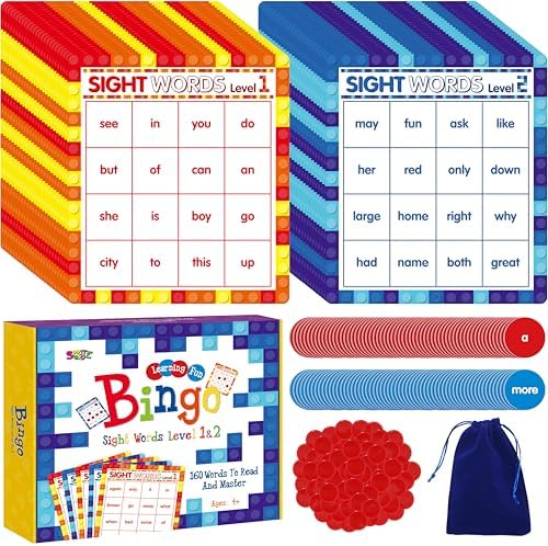 SpriteGru Sight Word Bingo Game, 160 Sight Words Learn to Read Level 1 & Level 2 Bingo Board Game Dolch's & Fry's Words Lists for Kindergarten and Preschool Kids 4-8, Perfect for Classroom & At Home by SpriteGru