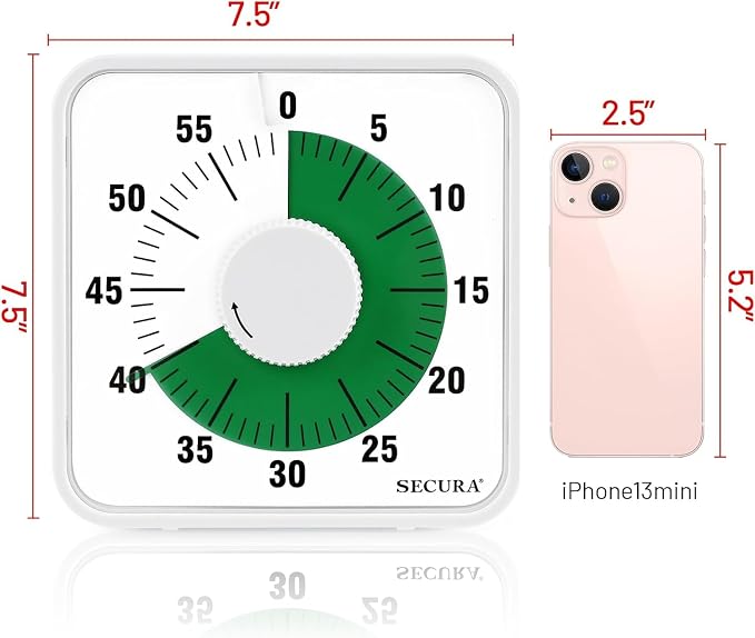 Secura 7.5 Inch Visual Timer, 60 Minute Oversize Visual Countdown Timer for Kids and Adults, Durable Mechanical Time Management Tool (Green) - Image 7