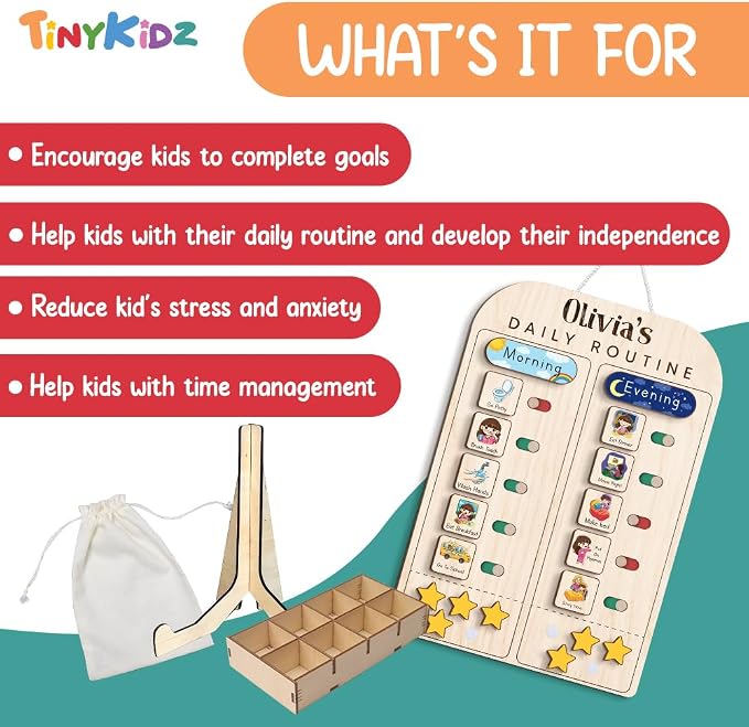 Wooden Chore Chart for Kids Visual Schedule, Routine Chart for Kids, Morning Bedtime Routine Chart for Toddlers Ages 2-4, Daily Kids Schedule Board for Home (19) - Image 3