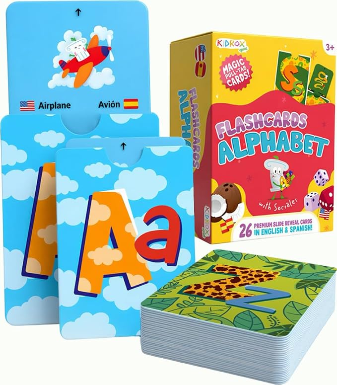 Kidrox Squad Alphabet Flashcards for Kids – 26 Slide-Reveal Cards in English & Spanish | Magic Pull-Tab Bilingual Learning Game for Toddlers & Preschoolers Age 3+ by Kidrox