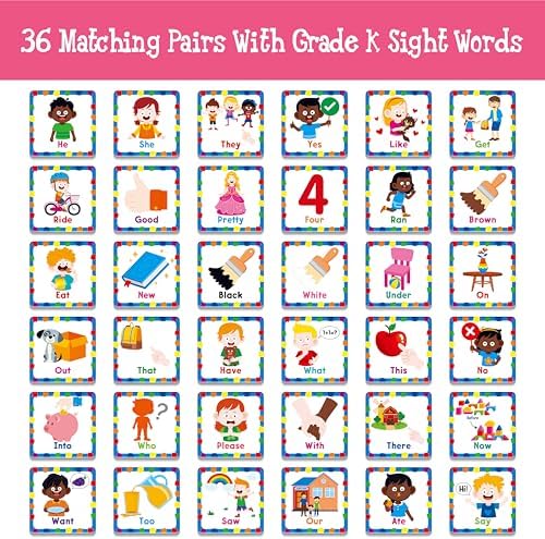 Hebayy Memory Matching Game, 72 PCS Grade K Sight Words Matching Cards for Kids, 36 Pairs Memory Cards, Educational Toy for Children to Learn Sight Words - Image 3