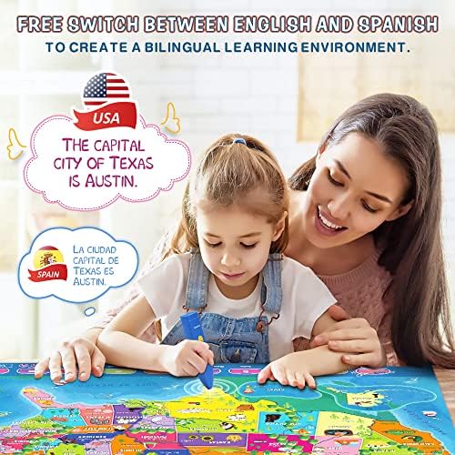 Qiaojoy Bilingual Interactive for Kids Talking USA Map for Kids Learning, Geography Toys Games Educational Electronic Map Christmas Personalized Gift/Toys for 4 5 6 7 8 9 10 Year Old Girls/Boys - Image 2