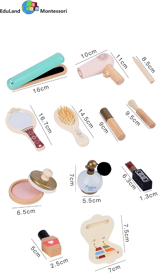 Practical Life Care of Self Wooden Makeup Toy Set 12-Piece Girls Imaginative Dress up Pretend Play Beauty Bag Makeup Set Toy for Girls Birthday Gift Ages 3 4 5 6 7 8+ Years Old - Image 9