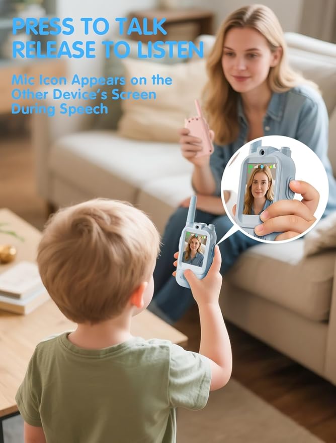 Walkie Talkie for Kids with Video: 2 Pack Rechargeable Toddler Toys with HD Camera & Voice Changer, Long Range Gift Toys for Boy & Girl Age 3-8 for Outdoor Play, Camping (Blue-Blue)