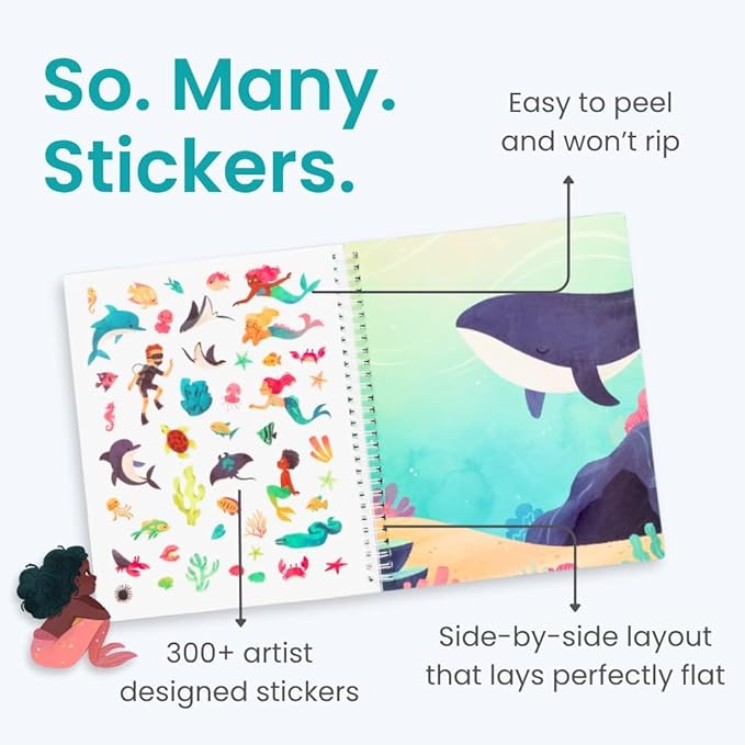 Mermaid Stickers by Cupkin, Toddler Sticker Book for Kids, Fun Toy, Toddler Road Trip Essentials, 300+ Girly Stickers + 8 Sticker Scenes and Coloring Pages, Mermaid Stickers Ages 2+