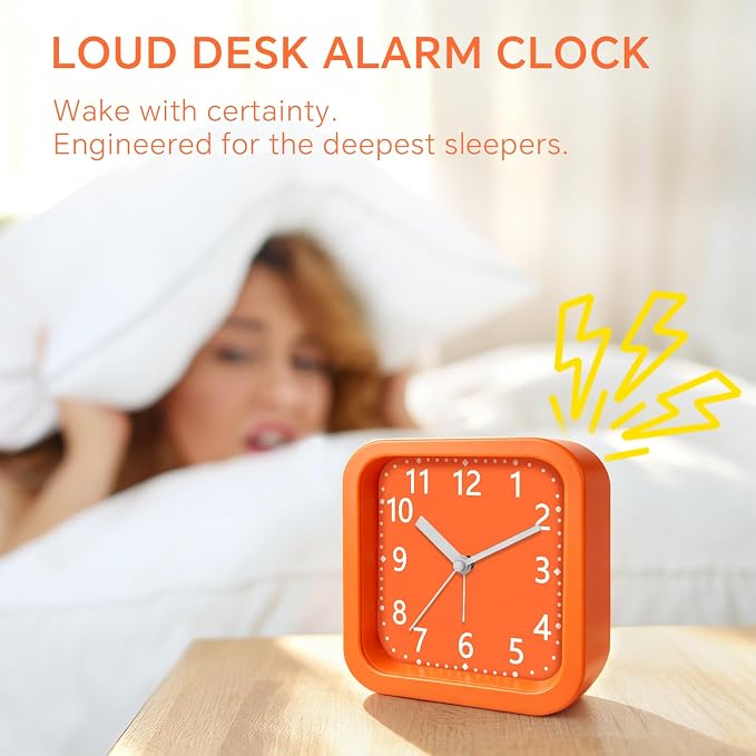 Analog Loud Alarm Clock for Heavy Sleepers, 4.5" Simple Battery Operated Alarm Clock with Modern Round Design, Silent Non-Ticking Small Bedside Clock for Bedroom Teens Seniors, College,Orange - Image 4